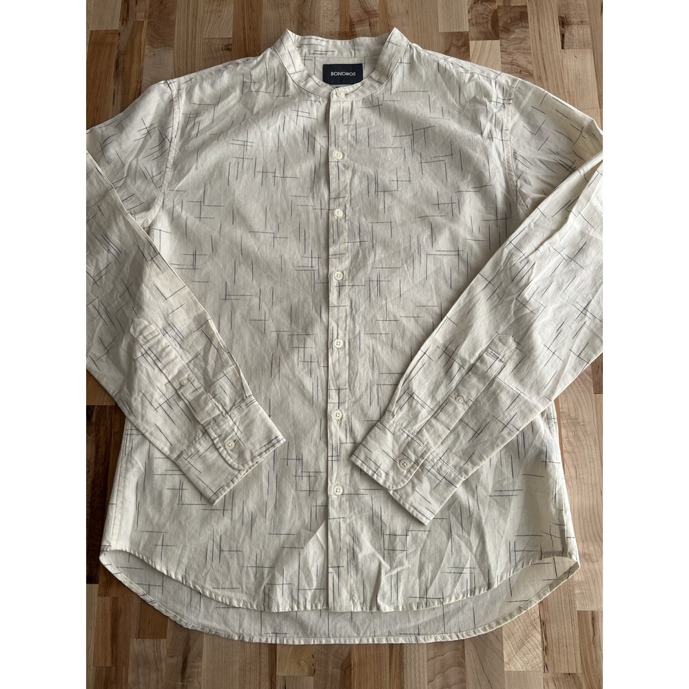 Bonobos Long Sleeve Button Up Shirt Stand Up Collar 100% Cotton Ivory Large